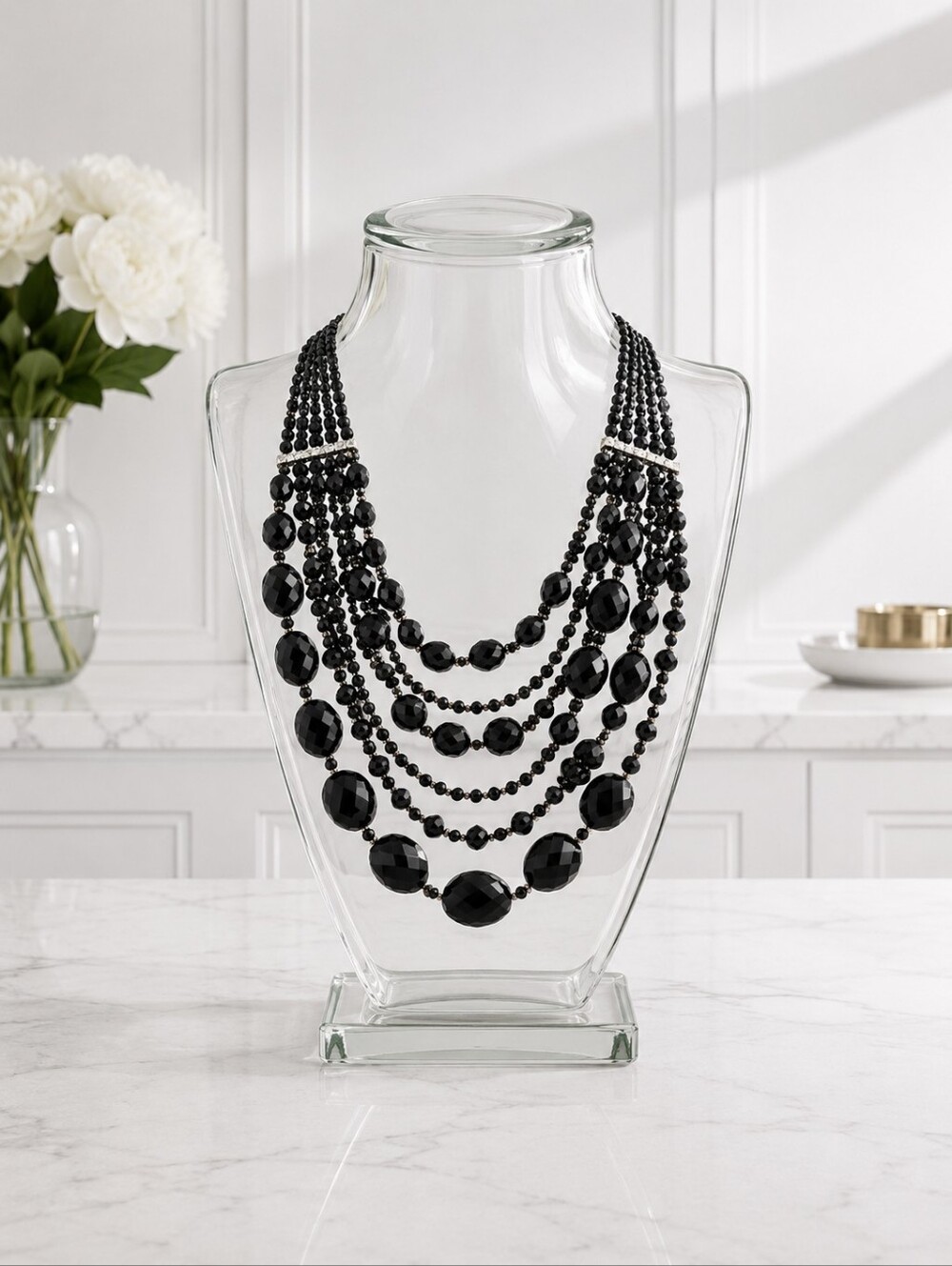 Multi-Strand Black Beaded Statement Necklace